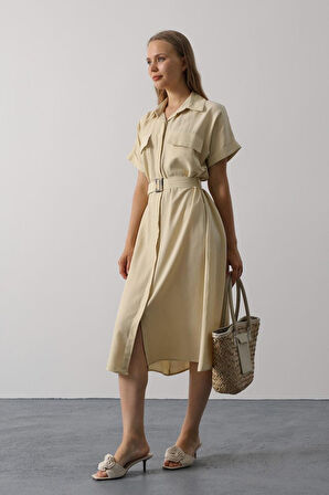 Aesco Kuşaklı Cep Detaylı Yarım Kol Elbise - Ekru