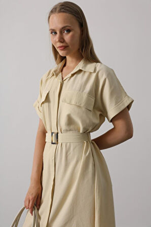 Aesco Kuşaklı Cep Detaylı Yarım Kol Elbise - Ekru