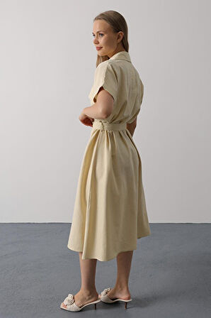 Aesco Kuşaklı Cep Detaylı Yarım Kol Elbise - Ekru