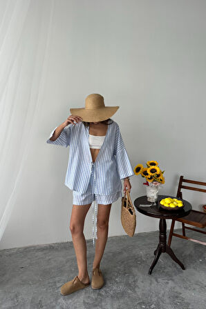 Aesco ÇİZGİLİ TUNİK -ŞORT TAKIM - Mavi