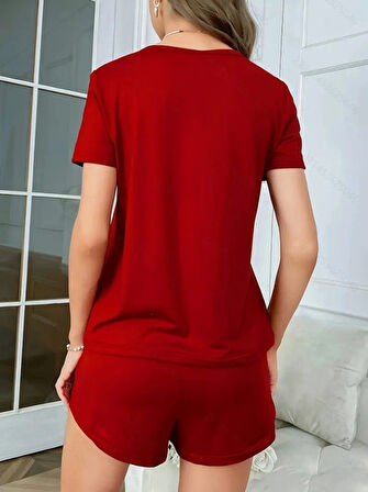 Aesco Kadın Kısa Kollu Bisiklet Yaka Baskılı Viskon Bluz Ve şort Ikili Takım