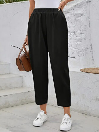 Aesco Kadın Yüksek Bel Yandan Cepli Düğme Detaylı Geniş Kesim Ithal Krep Pantolon