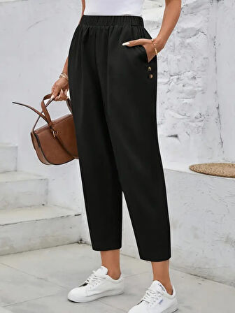 Aesco Kadın Yüksek Bel Yandan Cepli Düğme Detaylı Geniş Kesim Ithal Krep Pantolon