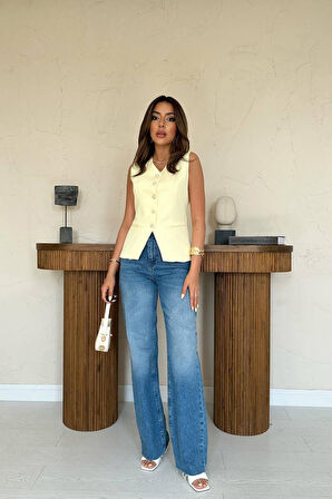 Aesco Sarı Belden Oturtma Detaylı Düğmeli Yelek