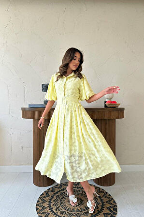 Aesco Sarı Kemerli Balon Kollu Elbise