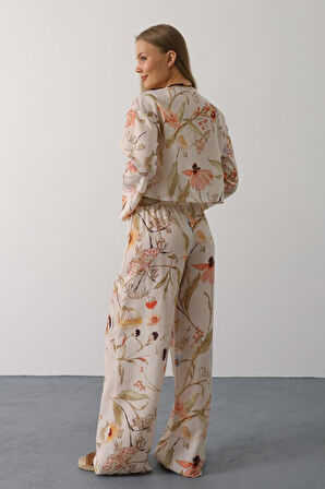 Aesco Çiçek Desen Önü Bağlamalı Pantolon Takım - Taş