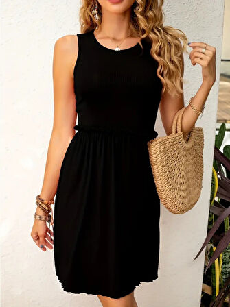 Aesco Kadın Kolsuz Bel Lastik Ve Büzgü Detay Viskon Mini Elbise