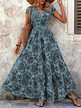 Aesco Kadın Kısa Kollu Kruvaze Yaka Beli Lastikli Süprem Maksi Boy Elbise