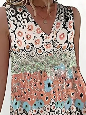 Aesco Kadın Kolsuz V Yaka çiçek Desenli Süprem Elbise