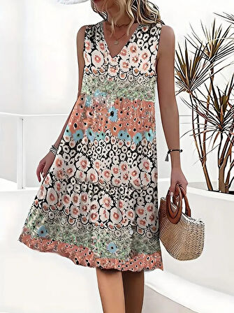 Aesco Kadın Kolsuz V Yaka çiçek Desenli Süprem Elbise