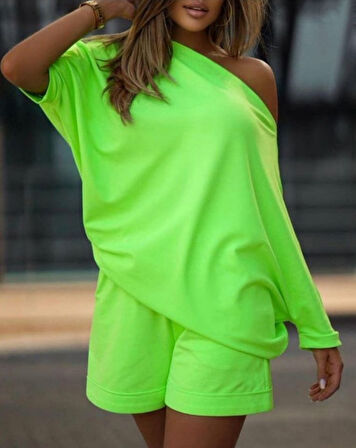 Aesco Kadın Kayık Yaka Salaş Iki Iplik Bluz Ve şort Ikili Takım