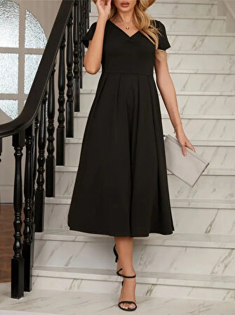 Aesco Kadın Kısa Kollu V Yakalı önden Pileli Midi Janjan Krep Elbise