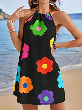 Aesco Kadın Boyundan Askılı Kolsuz çiçek Desenli Süprem Elbise