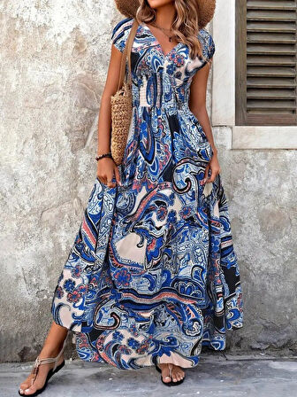 Aesco Kadın Kısa Yarasa Kanat Kollu V Yakalı Beli Büzgülü Süprem Elbise