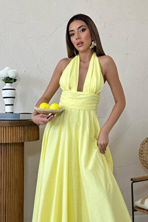 Aesco Sarı Askılı Keten Elbise