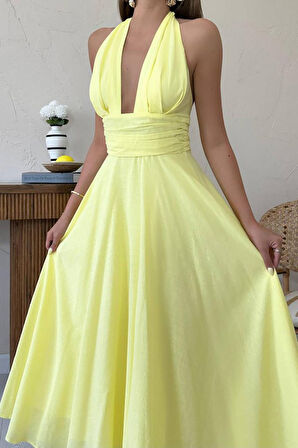 Aesco Sarı Askılı Keten Elbise