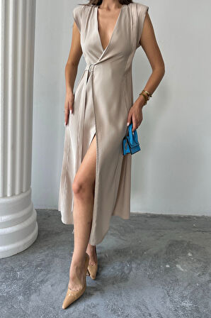 Aesco KRUVAZE VATKALI KOLSUZ ELBİSE MODAL KUMAŞ - Bej