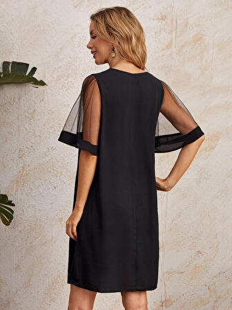 Aesco Kadın Tüllü Kısa Kollu V Yaka Krep Elbise