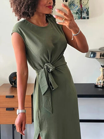 Aesco Kadın Kısa Kollu Yuvarlak Yaka Belden Bağcıklı önden Yırtmaçlı Aerobin Elbise