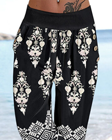 Aesco Kadın Beli Lastikli Etnik Desenli Kapri Süprem Pantolon