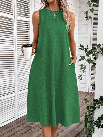 Aesco Kadın Kolsuz Bisiklet Yaka Cepli Midi Keten Elbise