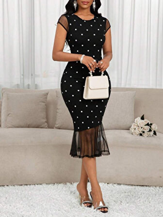 Aesco Kadın Kısa Kollu Bisiklet Yakalı Puantiyeli Tül Detaylı örme Krep Elbise