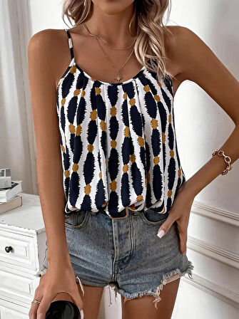 Aesco Kadın Askılı Yuvarlak Yaka Desenli Süprem Bluz