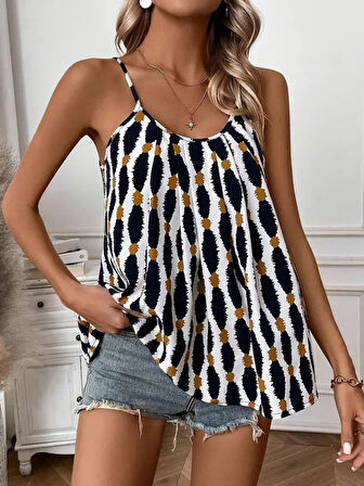 Aesco Kadın Askılı Yuvarlak Yaka Desenli Süprem Bluz