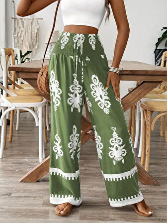 Aesco Kadın Yüksek Bel Büzgülü Etnik Desen Baskılı Süprem Pantolon