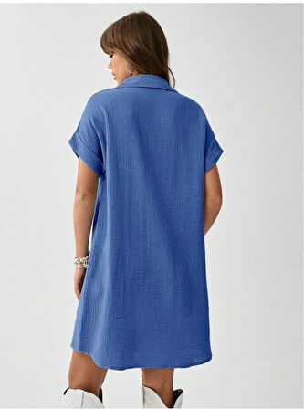 Aesco Kadın Cep Detay Müslin Kumaş Mini Gömlek Elbise