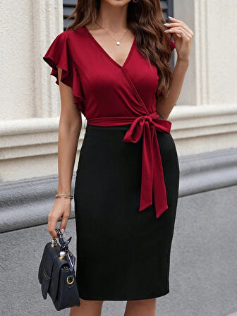 Aesco Kadın Kısa Kelebek Kollu Kruvaze Yakalı çift Renkli Kuşaklı Ithal Krep Elbise