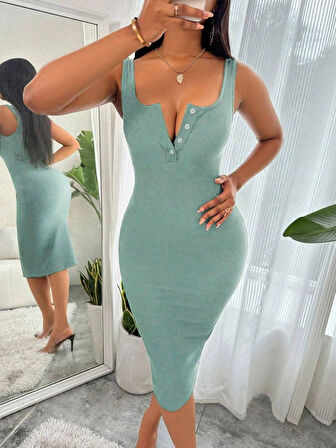 Aesco Kadın Askılı önü Düğmeli Midi Kaşkorse Elbise