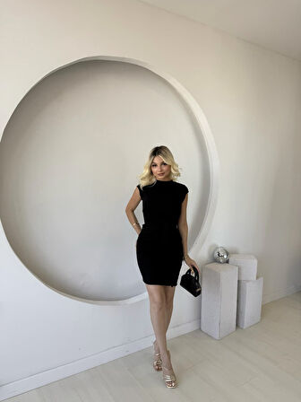 Aesco Kadın Kısa Kap Kollu Bisiklet Yaka Belden Bağlamalı Modal Mini Elbise