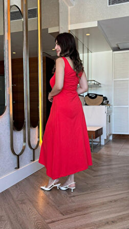 Aesco Kadın Askılı Yuvarlak Yakalı Viskon Elbise