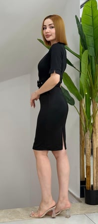 Aesco Kadın Kısa Kollu Yakalı Kruvaze Yakalı Beli Kemerli Midi Modal Elbise