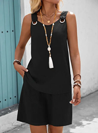 Aesco Kadın Askılı Yuvarlak Yaka Kuş Gözü Detaylı Bürümcük Bluz Ve Short Ikili Takım