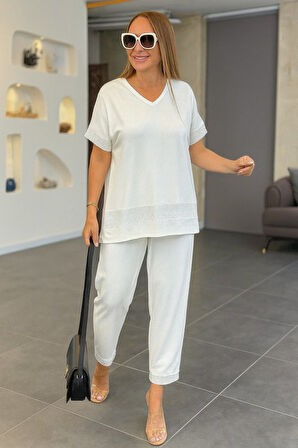 Aesco Kadın Kısa Kollu V Yakalı Pul Payetli Viskon Iki Iplik Bluz Ve Pantolon Ikili Takım