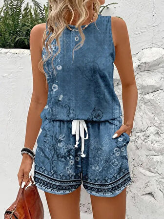 Aesco Kadın Askılı Yuvarlak Yaka çiçek Baskılı Süprme Bluz Ve Short Ikili Takım