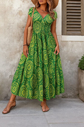 Aesco Kadın Kısa Yarasa Kanat Kollu V Yakalı Beli Büzgülü Süprem Elbise