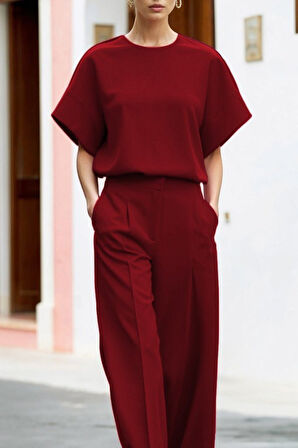 Aesco Kadın Kısa Kollu Bisiklet Yaka Bluz Yüksek Bel Cep Detaylı Pantolon Atlas Ikili Takım