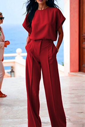 Aesco Kadın Kısa Kollu Bisiklet Yaka Bluz Yüksek Bel Cep Detaylı Pantolon Atlas Ikili Takım