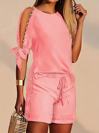 Aesco Kadın Kısa Kollu Bisiklet Yaka Yarı Açık Omuz Inci Detaylı Short T-shirt Viskon Ikili Takım