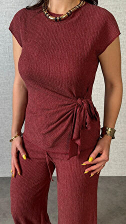 Aesco Kadın Kısa Kollu Bisiklet Yaka Yandan Bağlamalı Bürümcük Bluz Ve Pantolon Ikili Takım