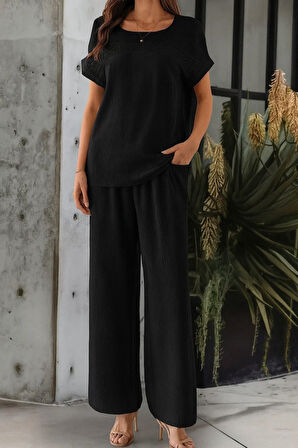 Aesco Kadın Kısa Kollu Yakası Açık Aerobin Bluz Ve Pantolon Ikili Takım