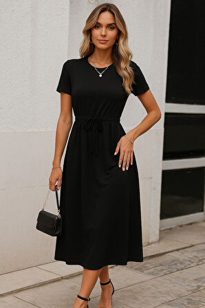 Aesco Kadın Kısa Kollu Bisiklet Yaka Belden Bağlamalı önü Bağcık Detaylı Maksi Boy Viskon Elbise
