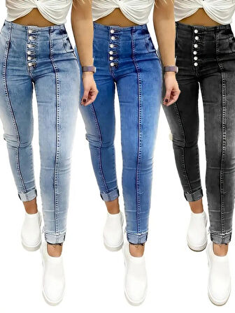 Aesco Kadın Yüksek Bel önden Düğmeli Jean Pantolon