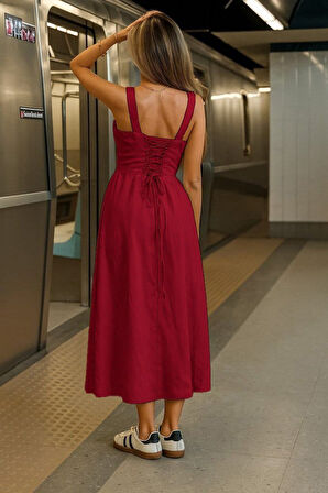 Aesco Kadın Askılı Geniş V Yakalı Sırttan Bağlamalı Yırtmaçlı Süprem Elbise