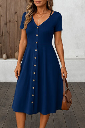 Aesco Kadın Kısa Kollu V Yakalı önden Düğmeli A Kesim Dokuma Elbise