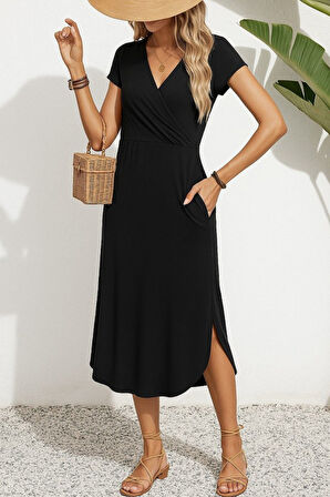 Aesco Kadın Kısa Kollu Hakim V Yaka Viskon Elbise