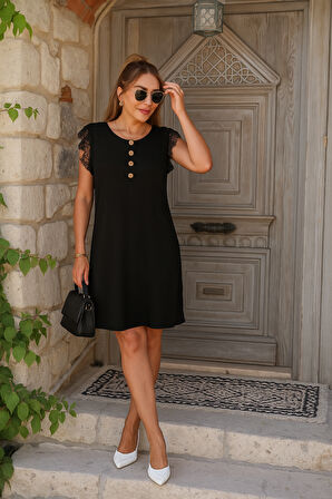 Aesco Kadın Kısa Dantel Kollu önden Düğmeli Viskon Elbise